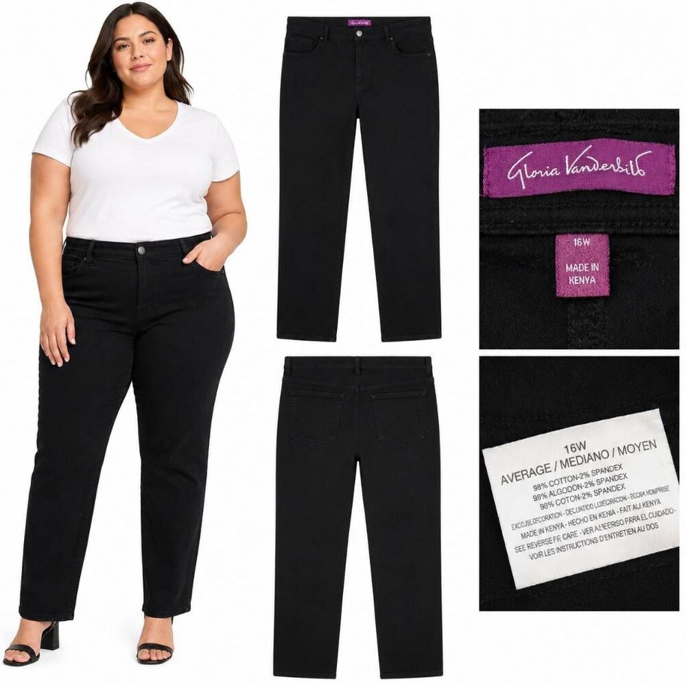 Gloria Vanderbilt Women’s Black Straight Jeans 16W Stretch